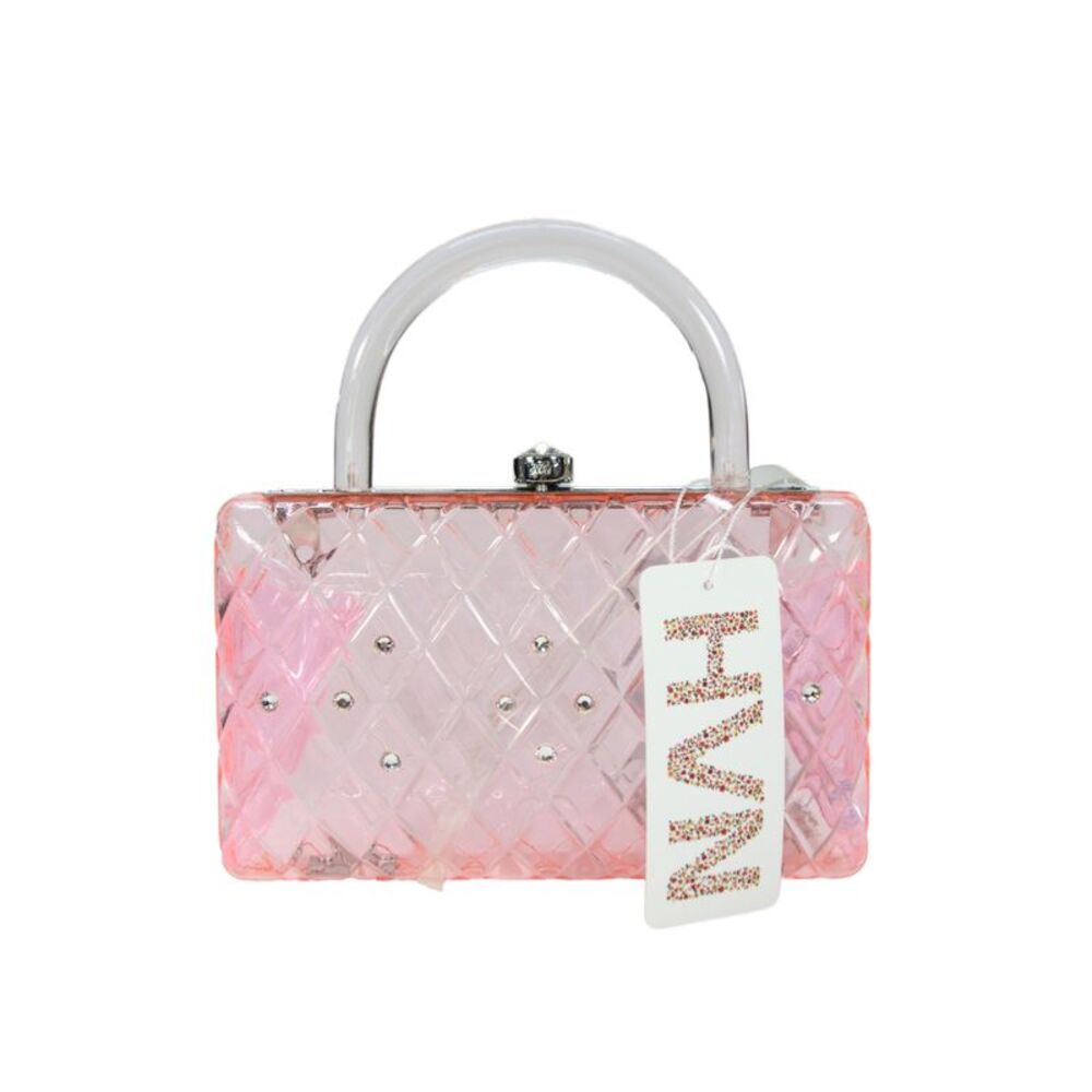 HVN Womens Framed Top Handle Quilted Rhinestone Rio Resin Clutch Handbag Pink